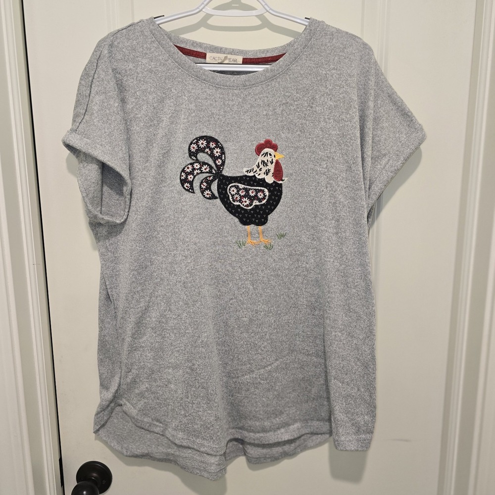 Cactus + Pearl Size XXL Gray Rooster Embroidered‎ Short Sleeve Shirt